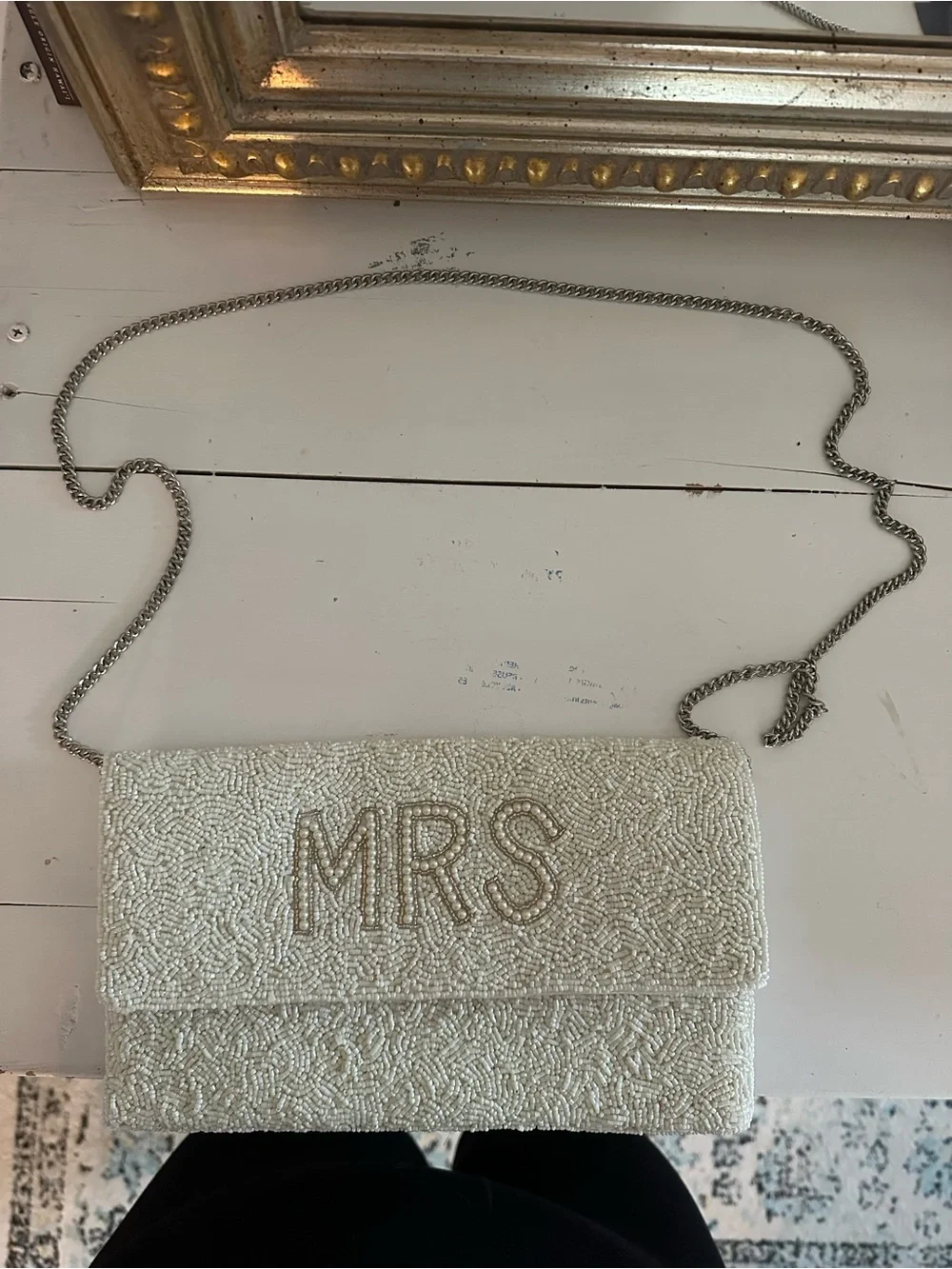 Embroidered 'MRS' Beaded Clutch - Ivory